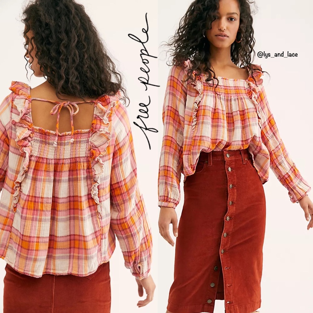 Free People Pink and Orange Plaid Blouse